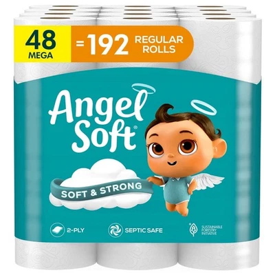 Angel Soft Toilet Paper, 48 Mega Rolls = 192 Regular Rolls, Soft and Strong Toil