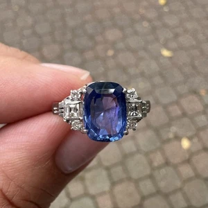Vintage Platinum GIA 3.65ctw No Heat Long Cushion Old Step Sapphire Diamond Ring - Picture 1 of 11