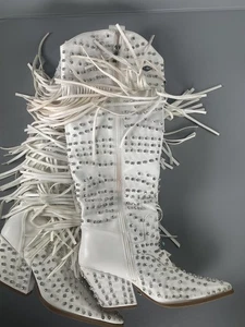 Azalea Wang bennett Boots Womens Size 7 Tall Western Fringe Rhinestone Studded - Picture 1 of 18