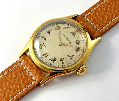 Vintage Gotham Freemason Masonic Dial Gold Tone Mens Watch Hand Wind 17J 1940s - Photo 1/4