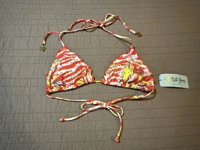 Womens  LULI FAMA Love Me Wild Orange w/ Crystals Wavy Triangle Bikini Top Sz S - Image 1 of 4