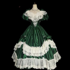 Abiti da sposa vintage verde scuro raso fiori pizzo scollo a V manica a sbuffo rosa fiocco - Foto 1 di 15