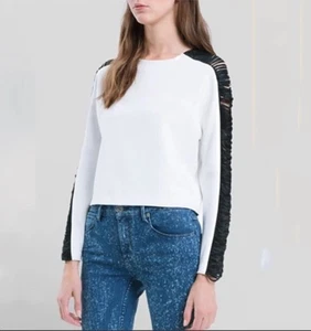 Sandro $275 White Black Fringe Sleeve Top Size 2 US S/M - Picture 1 of 14