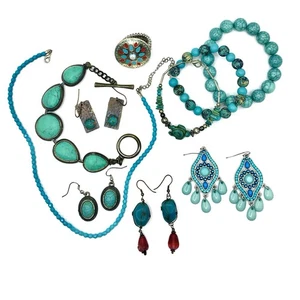 Boho Set 10 Türkis Ton Schmuck Ring Armbänder Halskette Ohrringe Lucky B Lesen - Bild 1 von 5