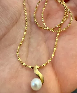 Halskette mit Anhänger weiße Perle an 14kt Gelbgold - Bild 1 von 9