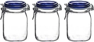 Bormioli Rocco: 3 "Fido" Jars (Capacity: 1l - 2.11 Pint), Blue Lid [ Italian Imp - Picture 1 of 5