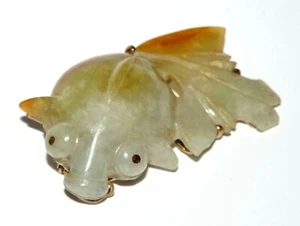 Vintage Chinese Yellow Gold set Brooch w. Jadeite Jade Goldfish Motif (LeS) G6 - Picture 1 of 12