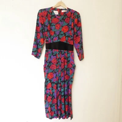 Vestido midi Karin Stevens años 80 rojo floral oscuro rosa manga larga talla 12 Foto 1 de 4