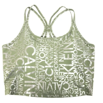 Camiseta sin mangas acolchada Calvin Klein para mujer verde con estampado de láminas con logotipo con tiras en la espalda, M Foto 1 de 2