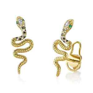 14K Gold Diamond Snake Earrings 0.20 CTW Natural Round Cut Emerald Black White