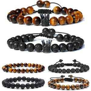 Pulseras 8 mm ojo de tigre lava roca piedra corona ansiedad alivio del estrés hombres mujeres - Imagen 1 de 19
