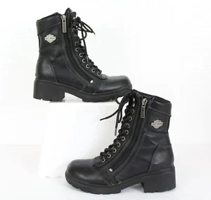 HARLEY DAVIDSON Women's 5 Tessa Black Leather Side Zip Lace Up Motorcycle Boots - Picture 1 of 19