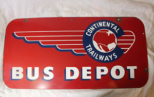 Vintage Original Continental Trailways Bus Depot Double Sided Enamel Sign