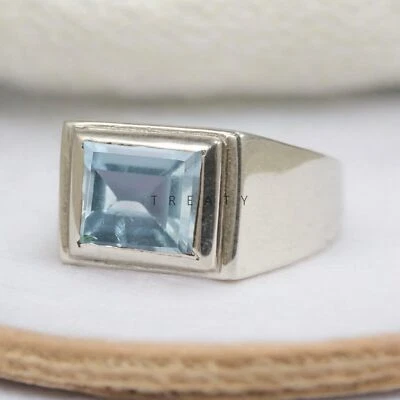 Piedras preciosas de aguamarina talla baguette con anillo de plata de ley 925 para hombre #671 * Foto 1 de 4