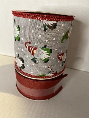 Holiday Print/Solid Christmas Ribbon 3.5in X21 FT-1.75 In X 21 Ft  Red/Gnome New - Image 1 of 4