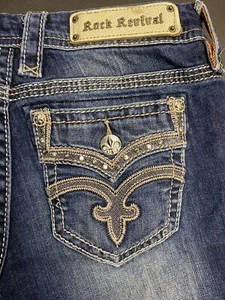 Rock Revival Drew Boot Destroyed Flap Rhinestone Denim Blue Jeans 30x31 I57 - Picture 1 of 8