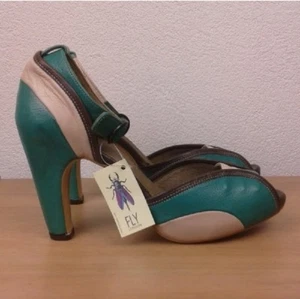 Fly London l 9.5US Fly Girl Retro 40s Leather Peeptoe Platform Pinup Swing Heels - Picture 1 of 14