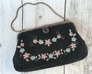 Vintage Beaded Evening Bag Pastel Floral & Black Beads 1940s France Granny Core - Picture 1 of 20