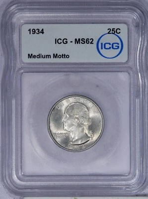1934 Washington Quarter 25C ICG MS62 - Medium Motto - Image 1 of 2