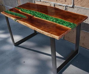 Green Epoxy Resin Table | Live Edge Wood | Unique Handmade Furniture | Table top - Picture 1 of 4