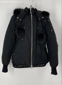 Moose Knuckles Black Cotton Blend Down Hooded Full-Zip Parka Womens Jacket Small - Picture 1 of 7
