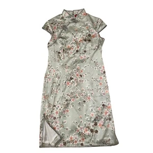 Vintage Sage Floral Cheongsam Oriental Dress | Stretch Silk Qipao, M (Tag XXX) - Picture 1 of 7