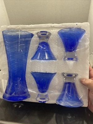 Art Glass Cocktail Barware Cordial Pitcher Glasses Blue Swirl MJ - Изображение 1 из 4