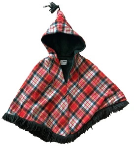 Vtg 70s Sears Plaid Lined Poncho w/Fringe Hooded Tassle Youth Girls Medium Boho - Picture 1 of 8