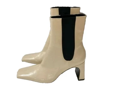 Nuevo ZARA Cuero Charol Beige Tacón Alto Botines Botín Elástico Puntera Cuadrada 7 Foto 1 de 4