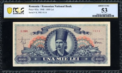 Romania 1948 1,000 Lei Romanian National Bank Note PCGS Banknote About Unc 53 - Image 1 of 2