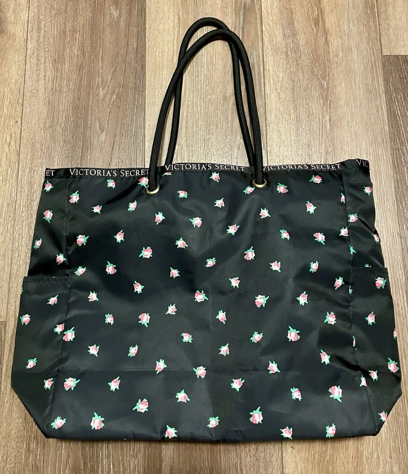 Victoria’s Secret Floral Striped Satin Tote Bag Travel Gym Bag Reversible - Image 1 of 1