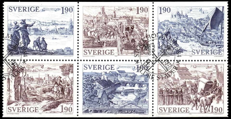 SWEDEN 1513a (Mi1297a) - Medieval Towns Engravings "Booklet Pane" (pa83988) - Image 1 of 1