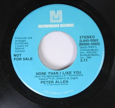 Jazz Promo 45 Peter Allen - More Than I Like You / More Than I Like You On Metro Foto 1 de 2