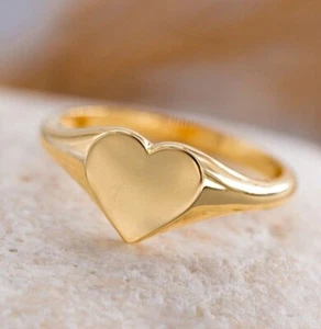 14K Solid Gold Signet Ring, Heart Signet Ring, Personalized Ring, Stacking Ring - Picture 1 of 10