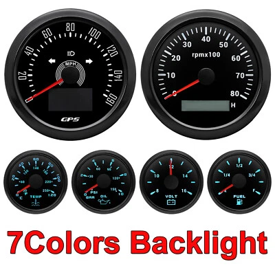 6 Gauge Set 85mm GPS Speedo Tacho & 52mm Fuel Level Water Temp Oil Pressure Volt - Image 1 of 4