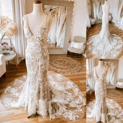 Real Image Champagne Wedding Dresses Mermaid Beach Lace Sleeveless Bridal Gowns - Image 1 of 4