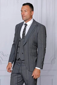 NWT 54L STRIPE MENS  SUIT TAILOR FIT, 2 SIDE VENT, FLAT FRONT PANTS, DB VEST - Picture 1 of 1