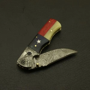 CUSTOM HAND FORGED D2 STEEL TEXAS FLAG  CAMPING FOLDING HUNTING KNIFE + SHEATH - Picture 1 of 6