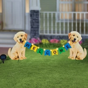Adorable Puppy Dogs Holding Solar Lighted "WELCOME" Sign Decorative Garden Stake - Picture 1 of 1