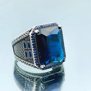 Men Simulated Blue Sapphire Stone Ring 925 Sterling Silver Turkish Ring Gift Him - Picture 1 of 10