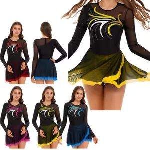 Womens Shiny Long Sleeve Leotard Dress Figure Ice Skating Ballet Dance Dress - Picture 1 of 52
