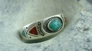 Ring Chip Inlay Türkis Indianer Westernschmuck Hopi Navajo 925er Sterling Silber - Picture 1 of 5