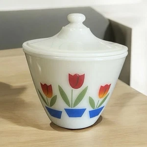 Vintage FIRE KING Oven Ware Tulip Flower Ivory Grease Jar With Lid - Picture 1 of 9