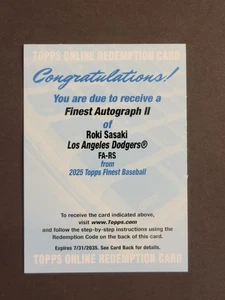 2025 Topps Finest Roki Sasaki Finest Autograph II Redemption Los Angeles Dodgers - Picture 1 of 2