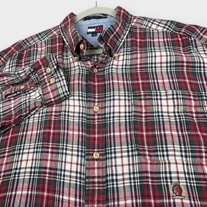 Tommy Hilfiger Shirt Mens XL Tartan Plaid Linen Button Up Crest Pocket VTG 90s - Picture 1 of 8