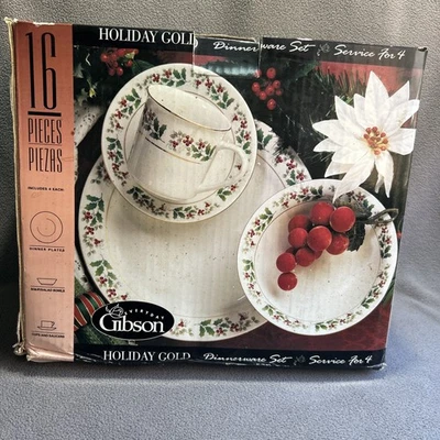 Gibson Holiday Gold Holly Berry 16 piezas plato de Navidad, tazón, taza, juego de platillos Foto 1 de 4