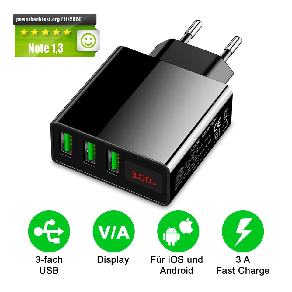 Eaxus USB Port Ladegerät 3-Fach mit LED Display 5V 3A - Schwarz