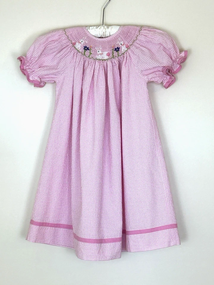 Smocked Pink White Seersucker Bishop Dress Bunnies Gingham Check Easter Size 3 - Image 1 of 4
