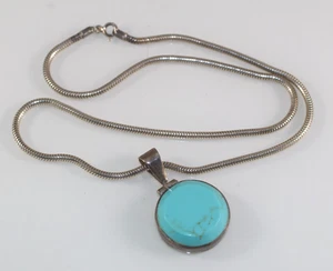 Fab!  Mexiko Vintage Sterling Silber Anhänger an Kette Halskette Türkis rund - Bild 1 von 6