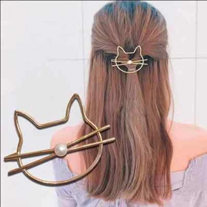 Hair Pin Cat Goldtone & Perl - Picture 1 of 1